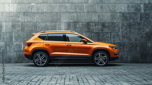 Orange SUV Parked in Front of a Concrete Wall