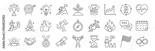 Motivation line icon set. Vector pictograms of personal growth, goal setting, perseverance, achievement, rocket launching, teamwork, passion, thumbs up thin linear illustration.