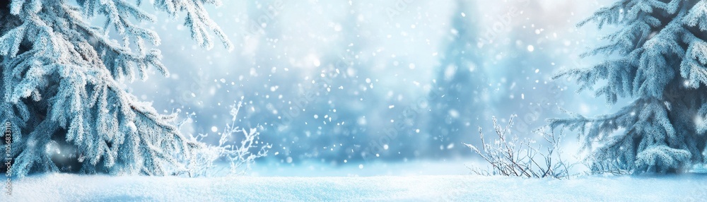 Fototapeta premium Enchanting Winter Wonderland: Snowy Forest Landscape in the Soft Light