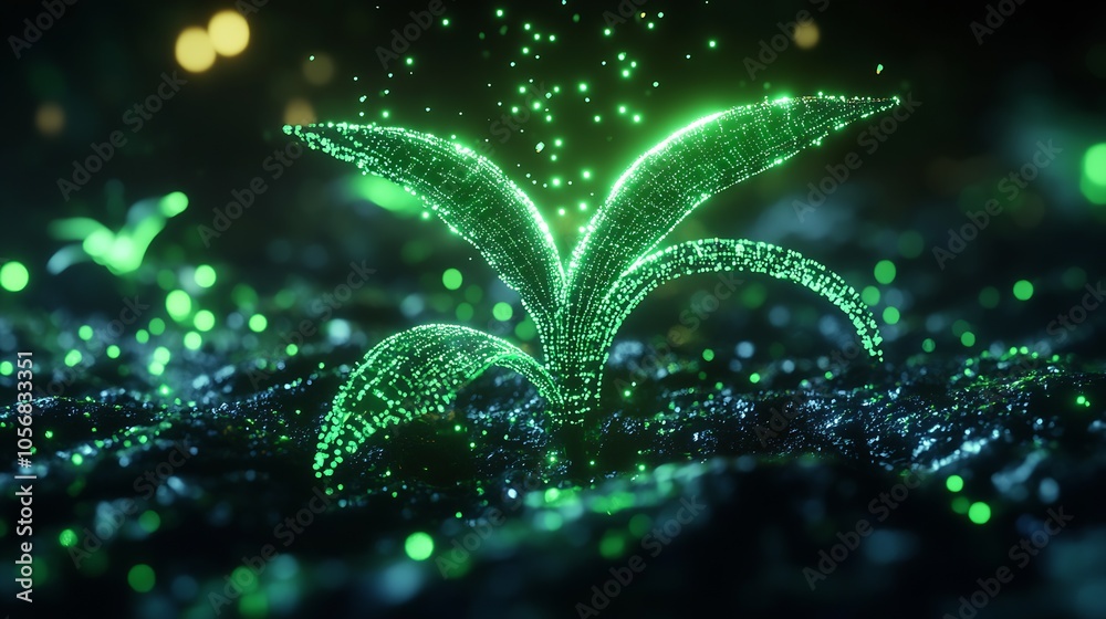 Close-Up of Green Cyber Plant with Luminous Details in a Digital Landscape : Generative AI Close-Up of Green Cyber Plant with Luminous Details in a Digital Landscape : Generative AI