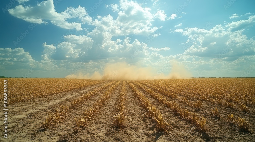 Dust clouds rise over a harvested field under a blue sky.