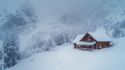 A Snowy Cabin Nestled in the Mountainous Wilderness