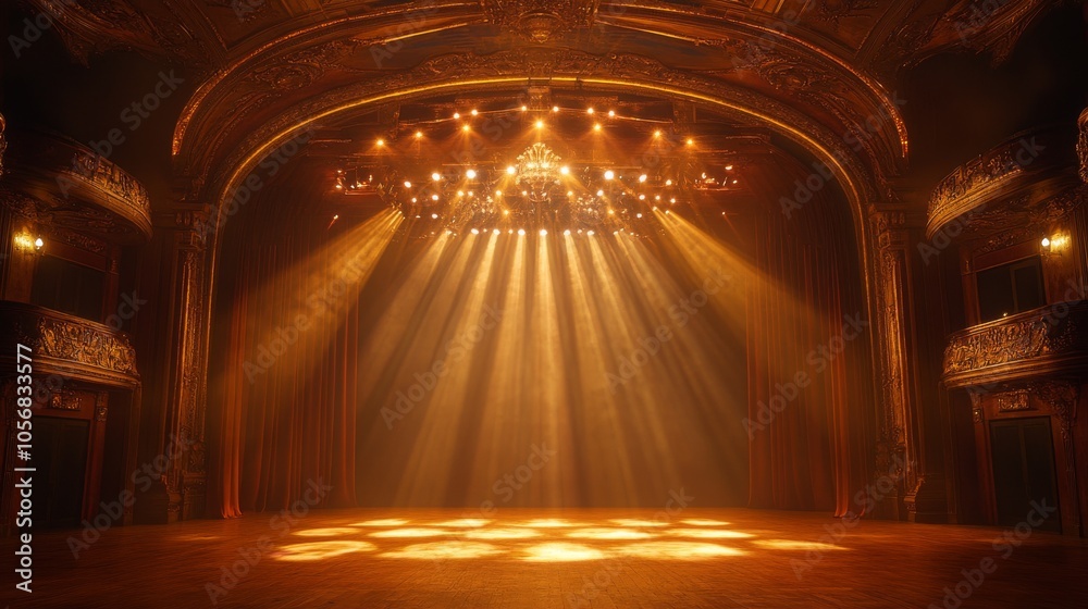 Obraz premium An Empty Theater Stage with Gold Accents and Spotlight Beams
