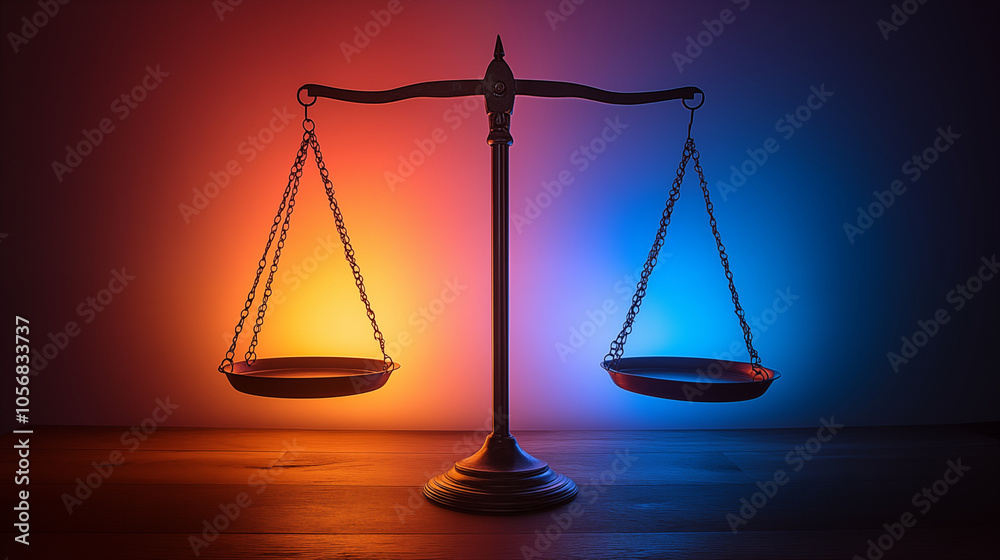 Justice scales silhouette against contrasting orange and blue background Justice scales silhouette against contrasting orange and blue background