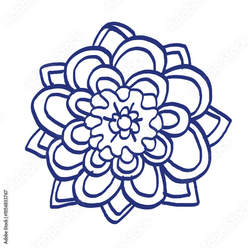 Flower sketch. Hand drawn vector illustration. Blue pen or marker drawing. Primitive kids picture