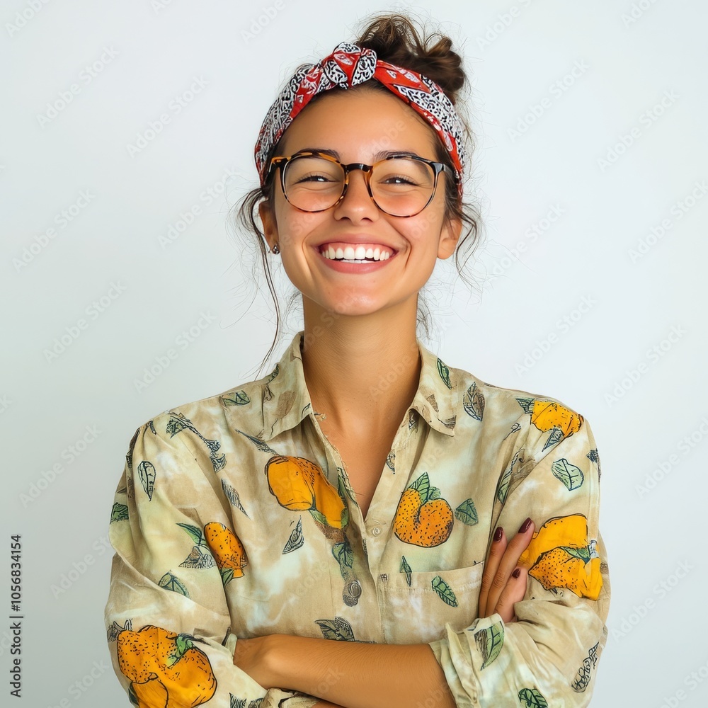 Laughing woman with glasses and bandana stands confidently. Laughing woman with glasses and bandana stands confidently.