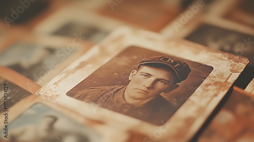 56. Close-up of an old-school baseball card with faded colors, taken in nostalgic, soft film tones photo