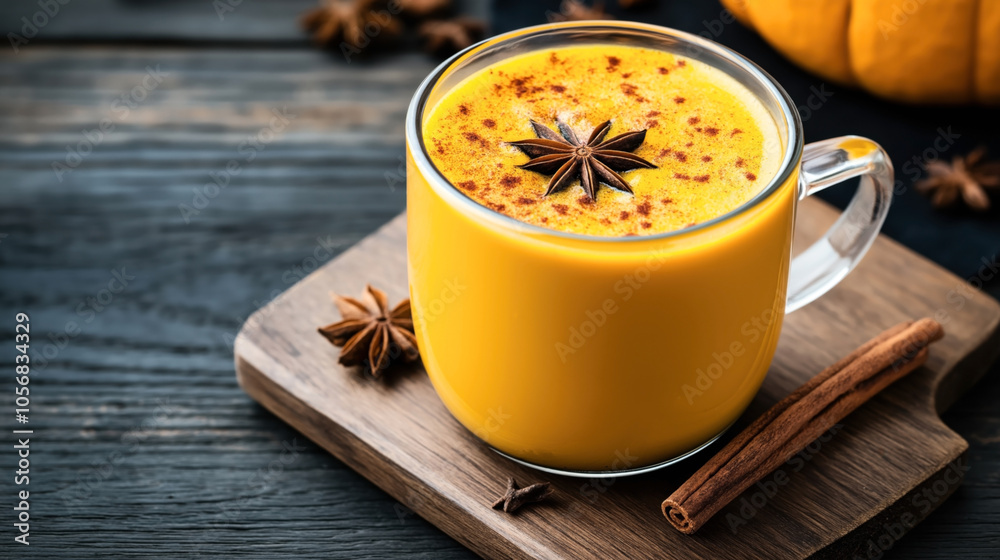 Glass cup of pumpkin spice latte with star anise and cinnamon stick on wooden board Glass cup of pumpkin spice latte with star anise and cinnamon stick on wooden board