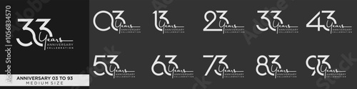 collection anniversary 13 to 93 year, creative number design vector illustration.