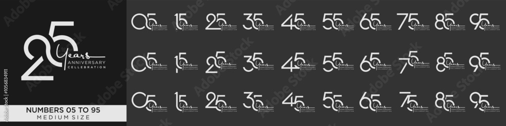 collection anniversary 15 to 95 year, creative number design vector illustration. collection anniversary 15 to 95 year, creative number design vector illustration.