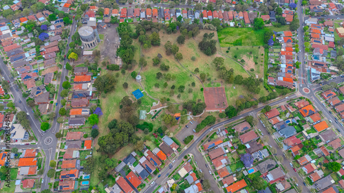 defaultPanoramic aerial drone view of Western Sydney Suburbs with Houses roads and parks in Sydney NSW Australia