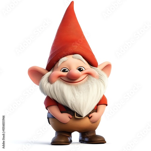 A mischievous cartoon gnome with a pointy hat and a big smile on a white background. photo