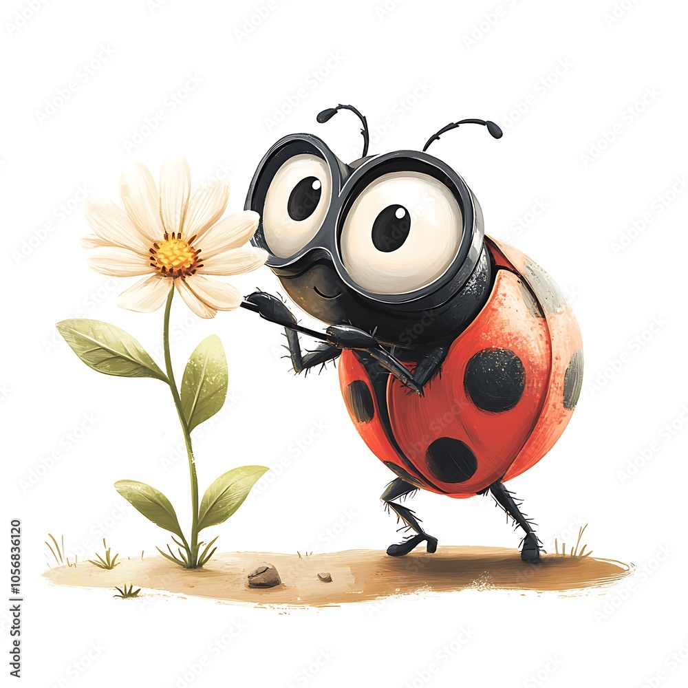 Obraz premium A whimsical cartoon ladybug with oversized glasses, studying a flower with a magnifying glass on a white background.