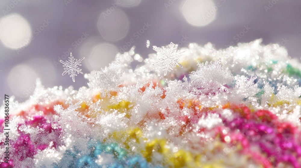 Winter Wonderland Close-Up: Beautiful Snowflakes Falling on Colorful Mitten in Ultra-Detailed Shot
