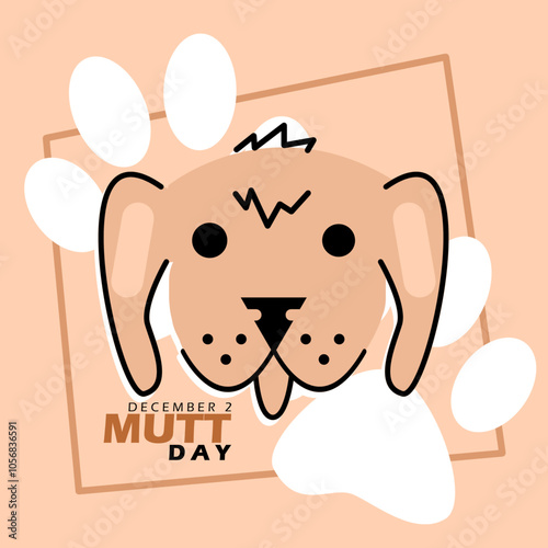 National Mutt Day to celebrate on December 2nd. Illustration of a cute dog with a paw icon on beige background. Animal event banner.