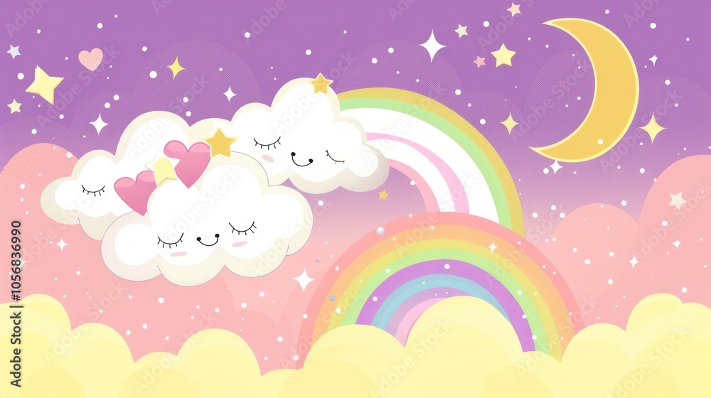 Cute Night Sky with Smiling Clouds and Rainbow