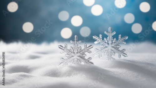 Intricately detailed snowflakes are prominently placed in the foreground, emphasizing the cold winter theme of the photograph.