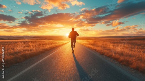 Silhouette of a Person Running Towards a Sunset on a Country Road