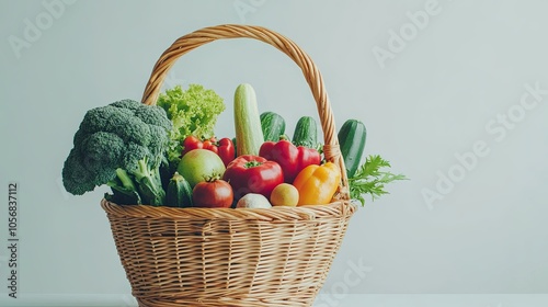 Fresh organic fruits and vegetables in a wicker basket. Assorted fresh vegetables on a white background. 