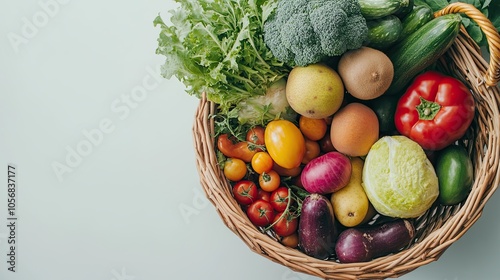 Fresh organic fruits and vegetables in a wicker basket. Assorted fresh vegetables on a white background. 