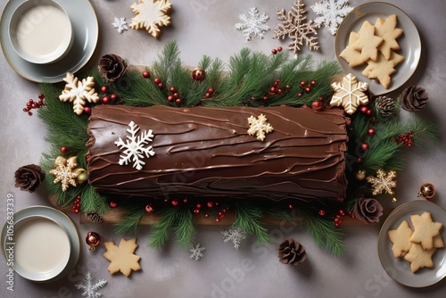 A classic Yule Log cake topped with rich chocolate frosting and holly decorations, surrounded by delicate snowflake cookies. photo