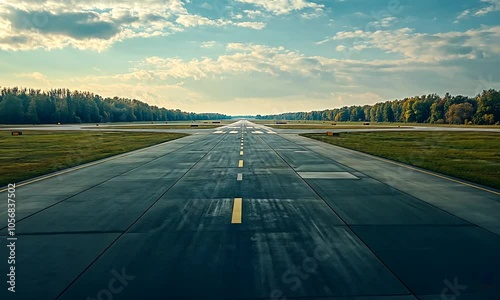A clear runway stretching into the distance under a blue sky.