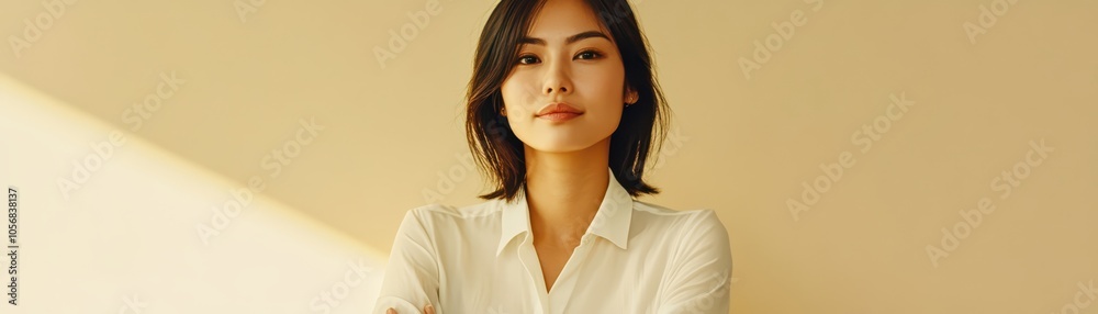 Confident Asian woman strategizing with team, beige background, collaborative problemsolving Confident Asian woman strategizing with team, beige background, collaborative problemsolving