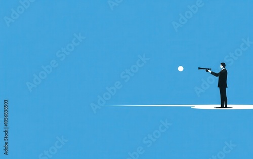 A flat vector illustration of a businessman using a telescope to aim at a distant target, representing vision and determination. 