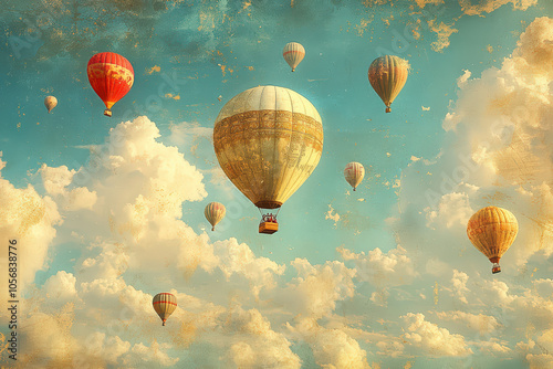 A vibrant sky filled with colorful hot air balloons, drifting peacefully among fluffy clouds, evoking a sense of adventure and serenity.