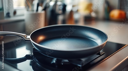 Nonstick Frying Pan Centerpiece in Modern Kitchen with Stainless Steel Gas Hob : Generative AI