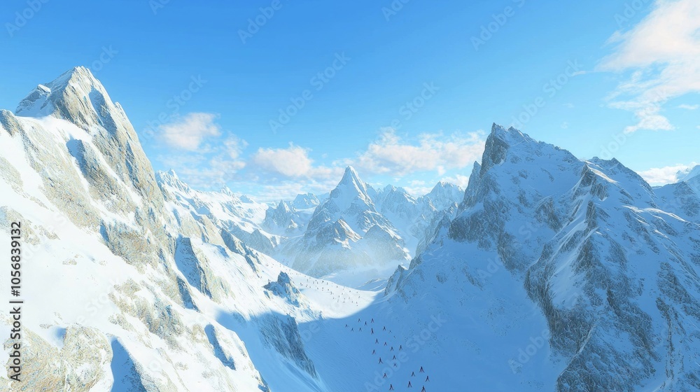 Fototapeta premium Extreme Winter Sports Adventure - Skiers Descending Mountain Range in Breathtaking Scene