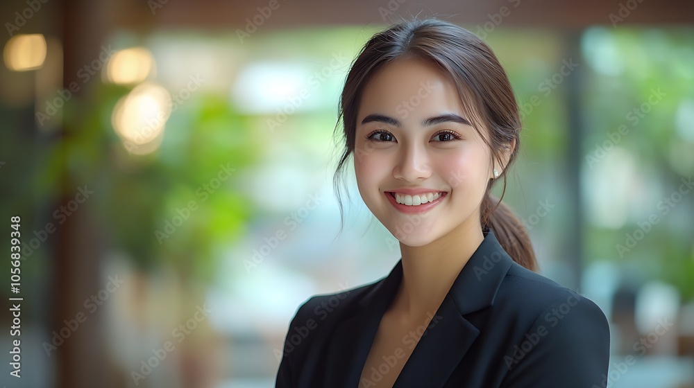 Professional Woman Smiling with Hair Tied Back in Bright Environment : Generative AI Professional Woman Smiling with Hair Tied Back in Bright Environment : Generative AI
