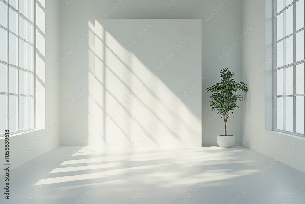 Obraz premium A bright, minimalistic room featuring large windows, soft shadows, a blank wall, and a potted plant, creating a serene atmosphere.