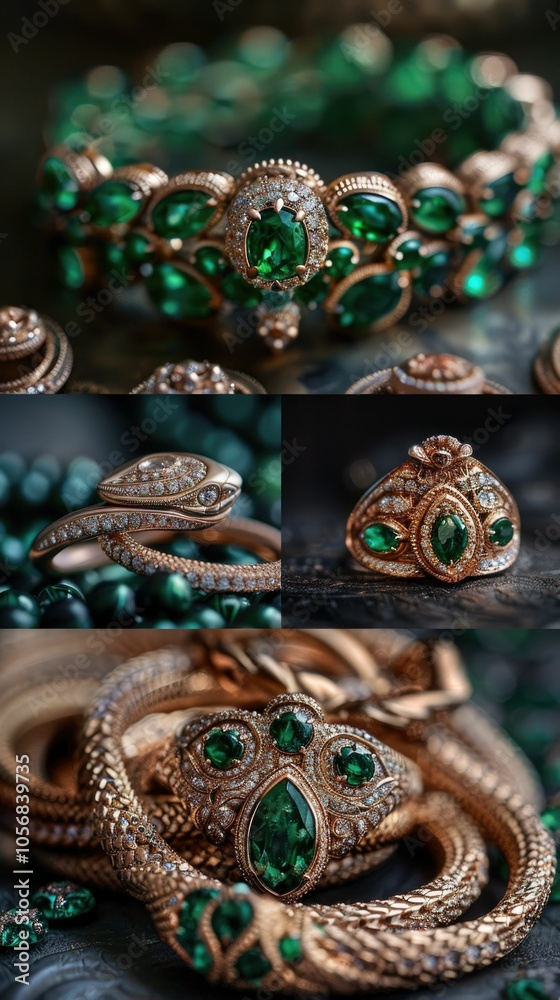 Collection of gold jewelry with emerald gemstones, including rings, bracelets, and earrings. Detailed close-up view showcasing intricate designs and green gemstone settings Collection of gold jewelry with emerald gemstones, including rings, bracelets, and earrings. Detailed close-up view showcasing intricate designs and green gemstone settings