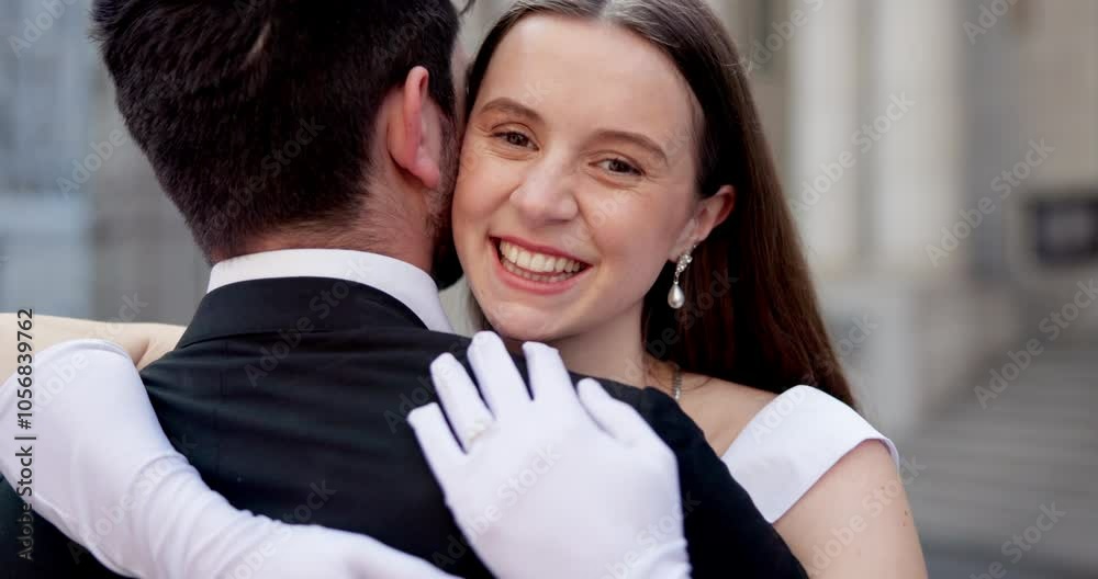Couple, wedding and hug in city, bride and face by courthouse for love, excited and milestone. People, woman and man in portrait, marriage or celebration in street with commitment to future in Greece Couple, wedding and hug in city, bride and face by courthouse for love, excited and milestone. People, woman and man in portrait, marriage or celebration in street with commitment to future in Greece