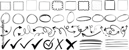 Hand drawn doodle frame, circle, arrow, check marks, and line vector set for creative designs, presentation, highlight, and decoration. Diverse elements for flexibility in projects, doodle and sketc