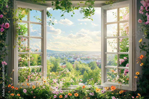 A vibrant window view opens to a lush landscape filled with flowers under a bright sky, inviting nature's beauty indoors.