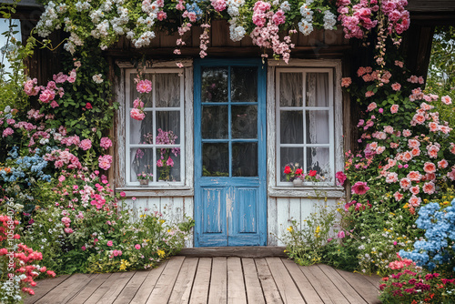 A charming cottage door surrounded by vibrant flowers, exuding a picturesque and tranquil ambiance.