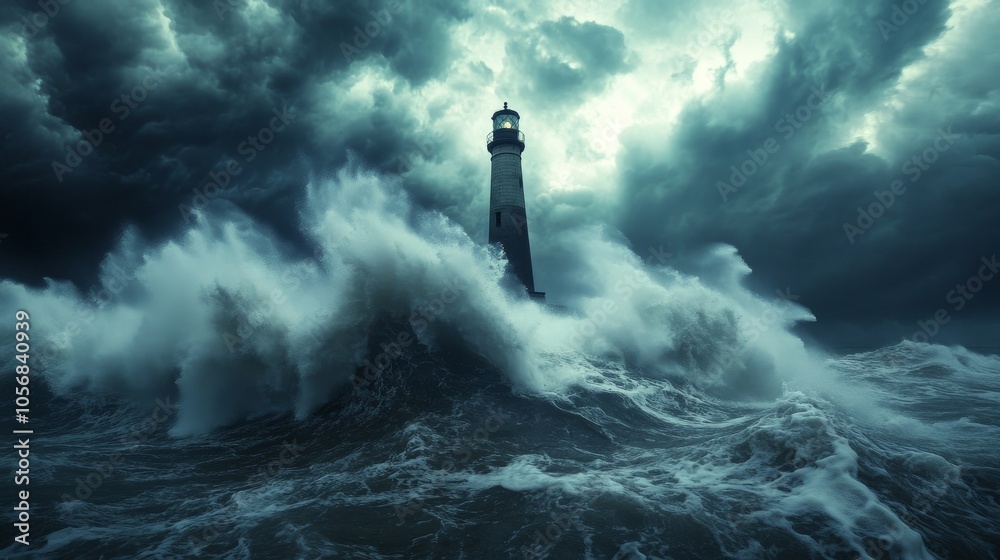 A Lighthouse Standing Tall Against a Stormy Sea A Lighthouse Standing Tall Against a Stormy Sea