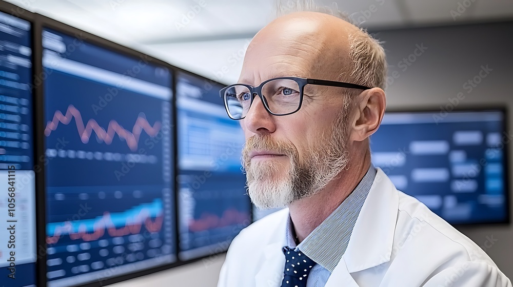 Focused analyst observing financial trends through advanced technology in a modern workspace environment Focused analyst observing financial trends through advanced technology in a modern workspace environment