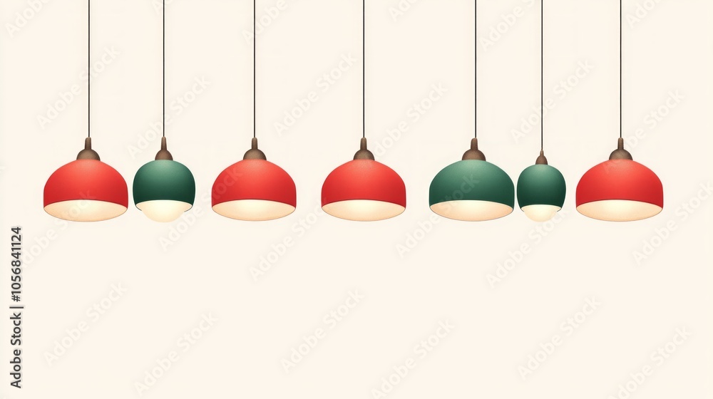 Simple red and green lamps, softly lit, hang in a set against a cream background, exuding a calm, modern aesthetic. Simple red and green lamps, softly lit, hang in a set against a cream background, exuding a calm, modern aesthetic.