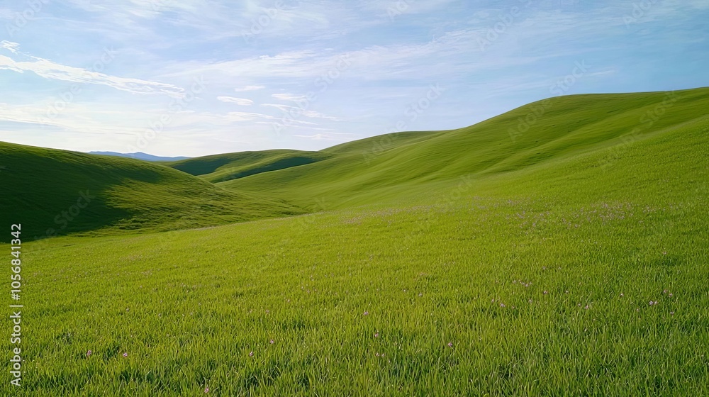Obraz premium Vast green hills under a clear blue sky, showcasing the beauty of nature and tranquility in a serene landscape.