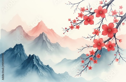 mountain landscape with a branch of red flowers the style of traditional Chinese painting