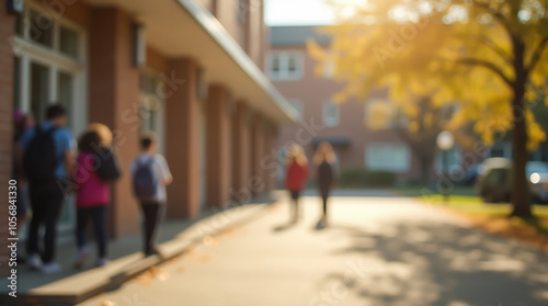 Blurred image of a group of schoolchildren relaxing in the school yard on a sunny day