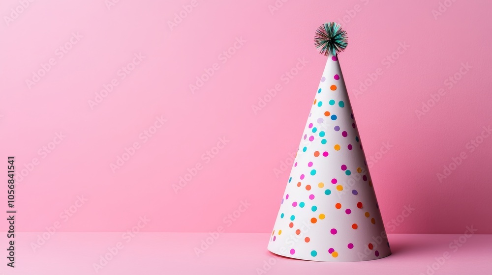 Colorful Party Hat on Pink Background Celebration Festive Birthday Event Decoration Colorful Party Hat on Pink Background Celebration Festive Birthday Event Decoration