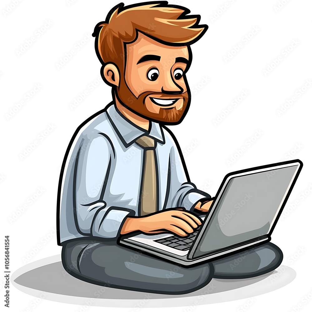 Cartoon employee sitting and typing on a laptop with a focused expression on a white background. Cartoon employee sitting and typing on a laptop with a focused expression on a white background.