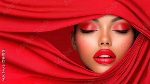 Close-up of a woman face with bold red makeup, framed by flowing red fabric