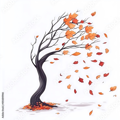 Cartoon colorful autumn leaves falling from a tree on a white background. photo