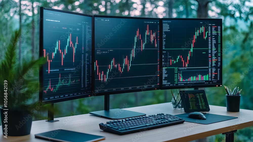 Stock market portfolio visualized on a multiple-monitor setup in a high-tech workspace Stock market portfolio visualized on a multiple-monitor setup in a high-tech workspace