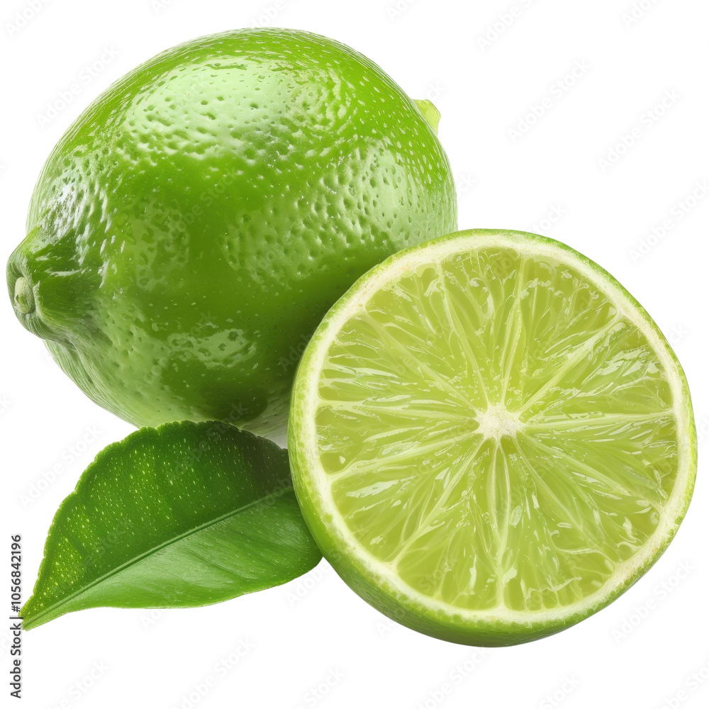 Fresh Lime with Sliced Half and Green Leaves